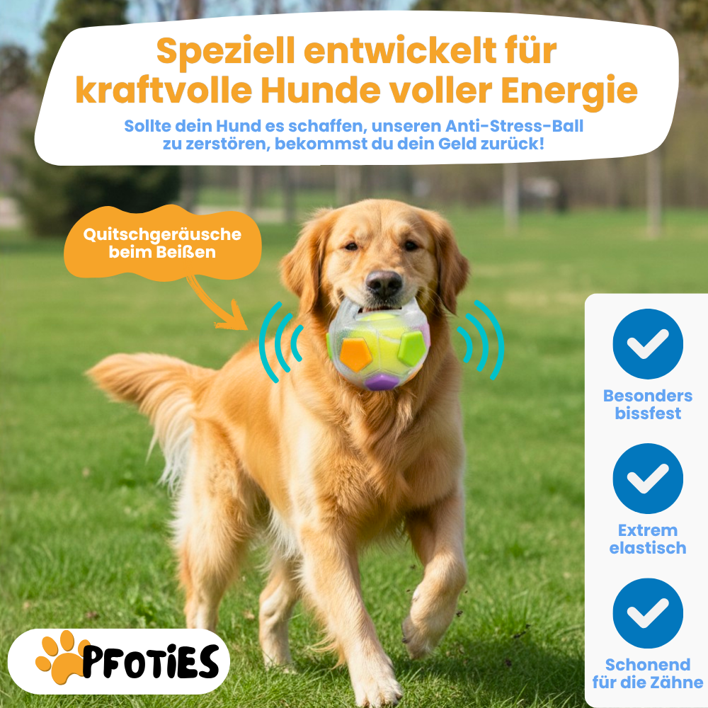 Der Pfoties® Anti-Stress-Ball ist ein robustes, beruhigendes Hundespielzeug mit stabilem Griff und sichtbarem Tennisball im Inneren. Perfekt zum Kauen, Tragen und Stressabbau – aus langlebigem TPR-Material für glückliche Hunde.