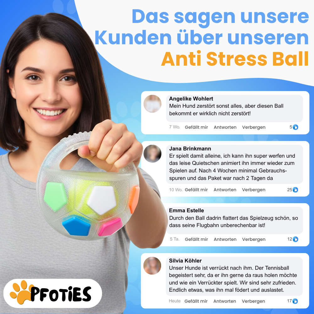 Der Pfoties® Anti-Stress-Ball ist ein robustes, beruhigendes Hundespielzeug mit stabilem Griff und sichtbarem Tennisball im Inneren. Perfekt zum Kauen, Tragen und Stressabbau – aus langlebigem TPR-Material für glückliche Hunde.