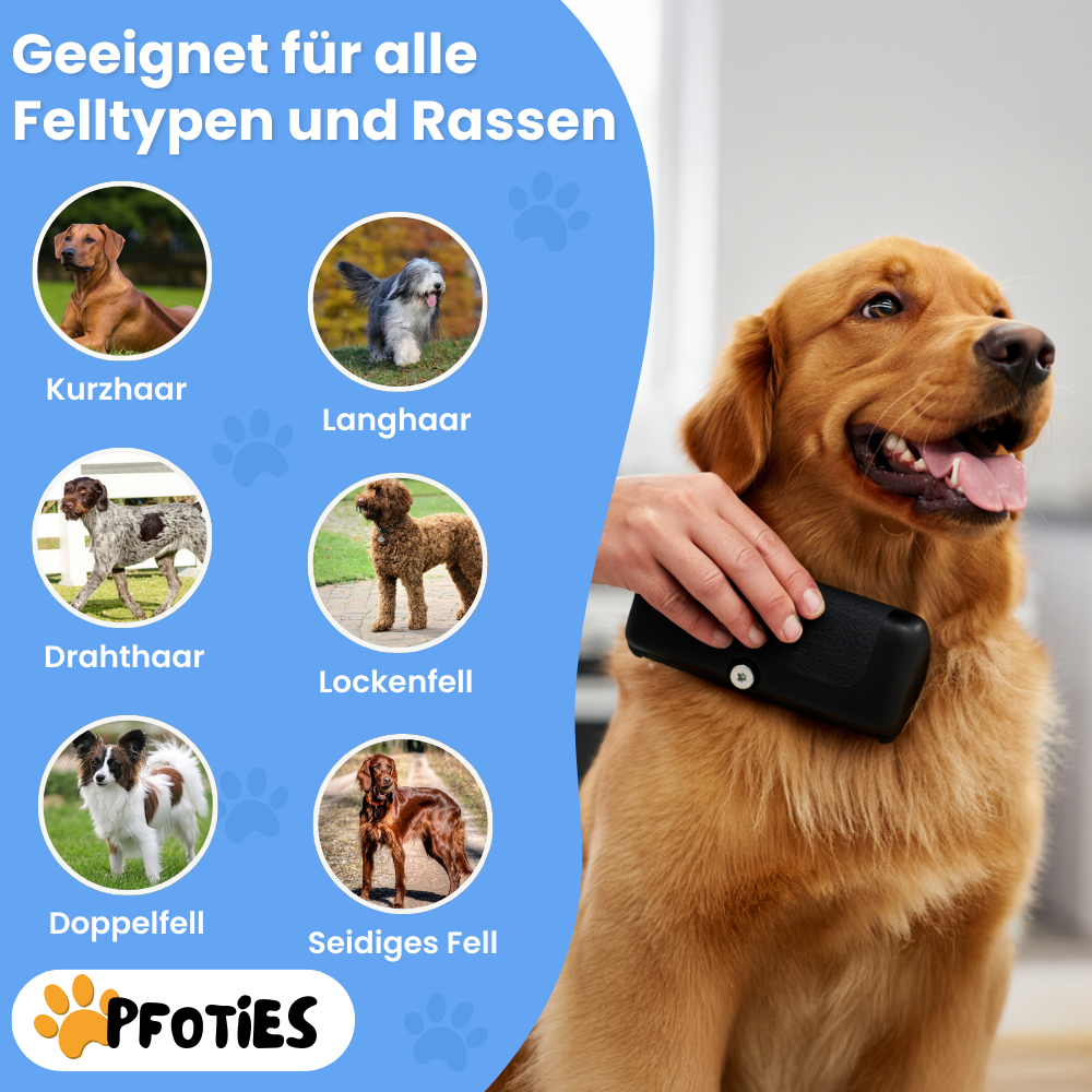 Fellbürste von Pfoties – entfernt lose Unterwolle und Verfilzungen sanft und effektiv. Geeignet für Hunde, sorgt für gepflegtes, gesundes Fell ohne Ziepen.