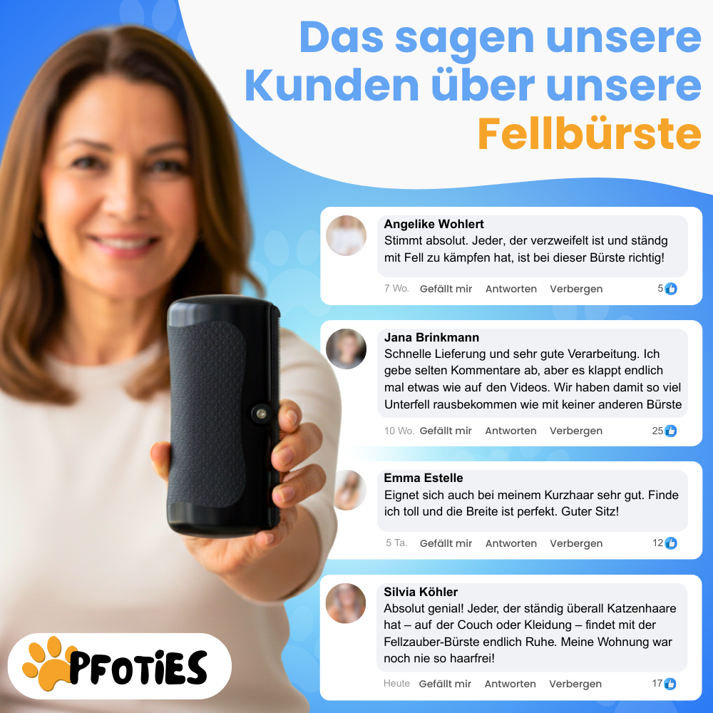 Fellbürste von Pfoties – entfernt lose Unterwolle und Verfilzungen sanft und effektiv. Geeignet für Hunde, sorgt für gepflegtes, gesundes Fell ohne Ziepen.
