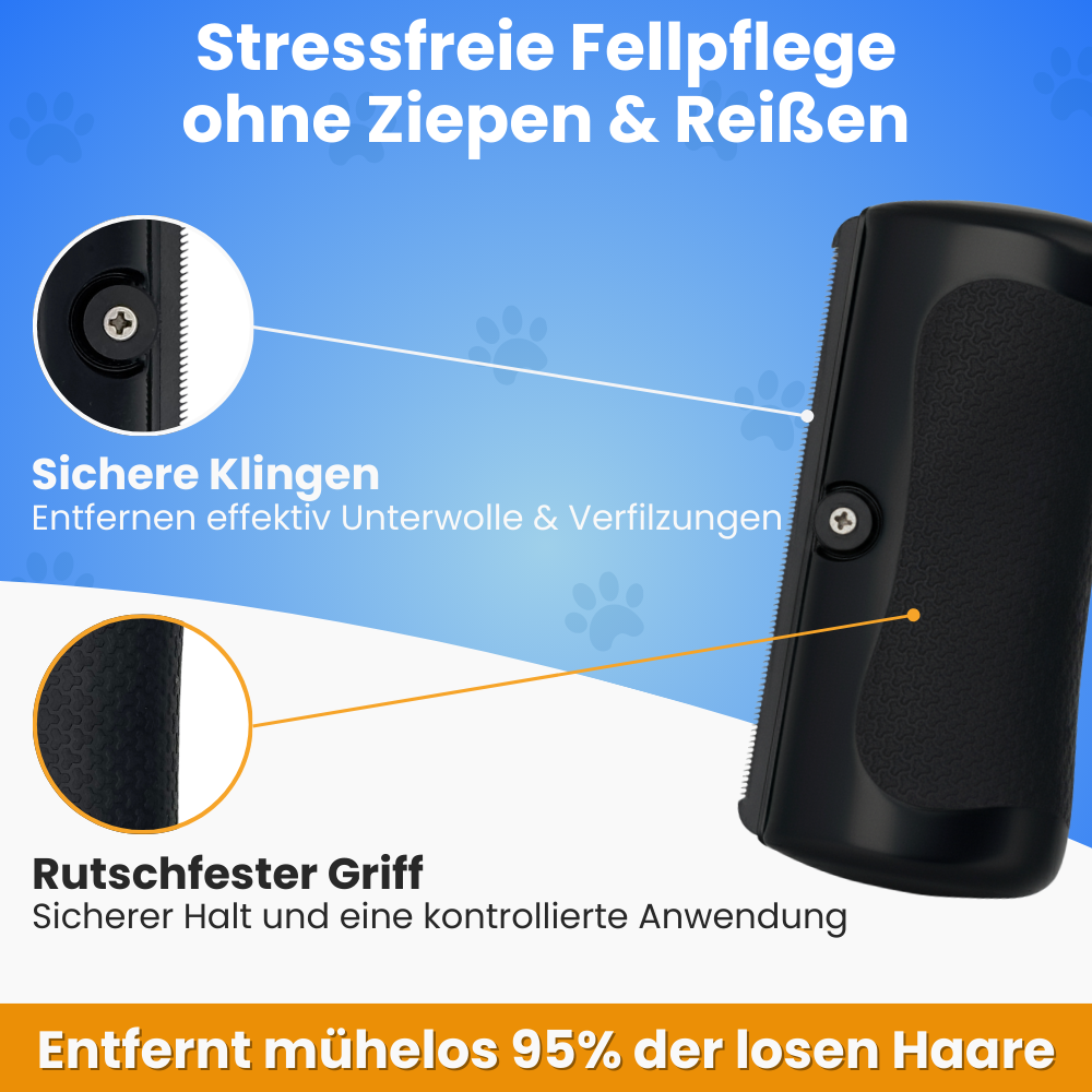 Fellbürste von Pfoties – entfernt lose Unterwolle und Verfilzungen sanft und effektiv. Geeignet für Hunde, sorgt für gepflegtes, gesundes Fell ohne Ziepen.