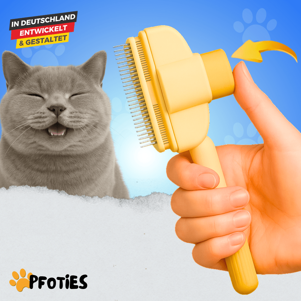 Fellklick-Bürste von Pfoties – entfernt lose Unterwolle und Verfilzungen sanft und effektiv. Geeignet für Katzen, sorgt für gepflegtes, gesundes Fell ohne Ziepen.