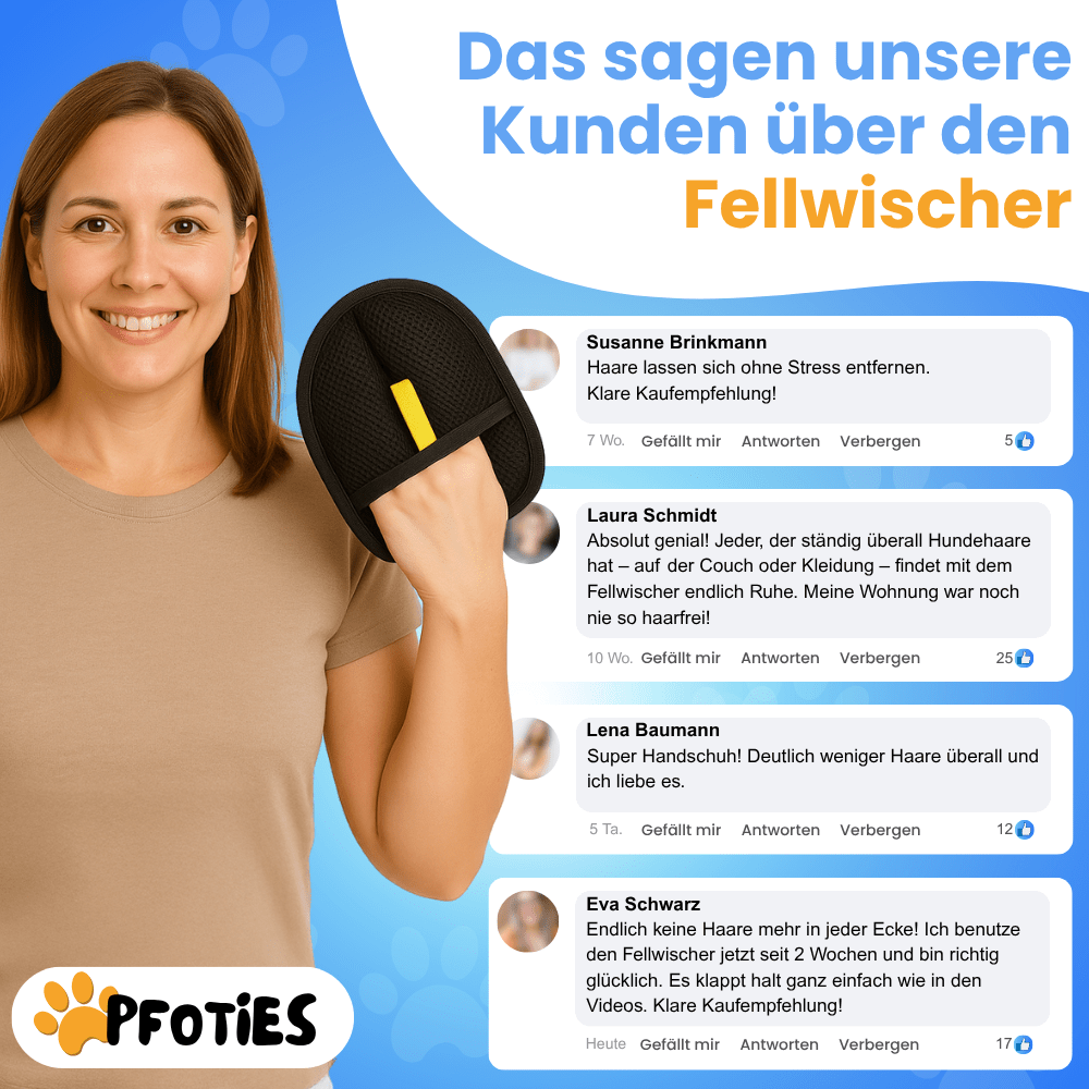 Pfoties Fellwischer entfernt zuverlässig Tierhaare von Kleidung, Sofa, Teppichen und Autositzen – wiederverwendbar, waschbar und nachhaltig.