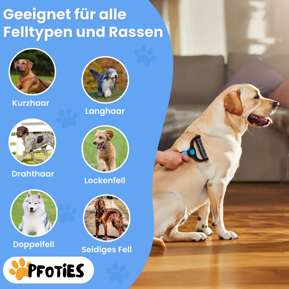 Fellzauber-Bürste von Pfoties – entfernt lose Unterwolle und Verfilzungen sanft und effektiv. Geeignet für Hunde und Katzen, sorgt für gepflegtes, gesundes Fell ohne Ziepen.