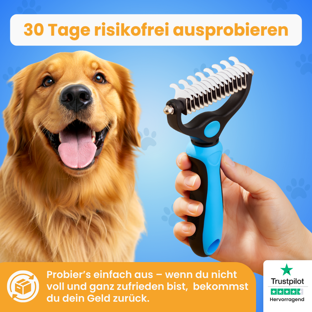 Fellzauber-Bürste von Pfoties – entfernt lose Unterwolle und Verfilzungen sanft und effektiv. Geeignet für Hunde und Katzen, sorgt für gepflegtes, gesundes Fell ohne Ziepen.