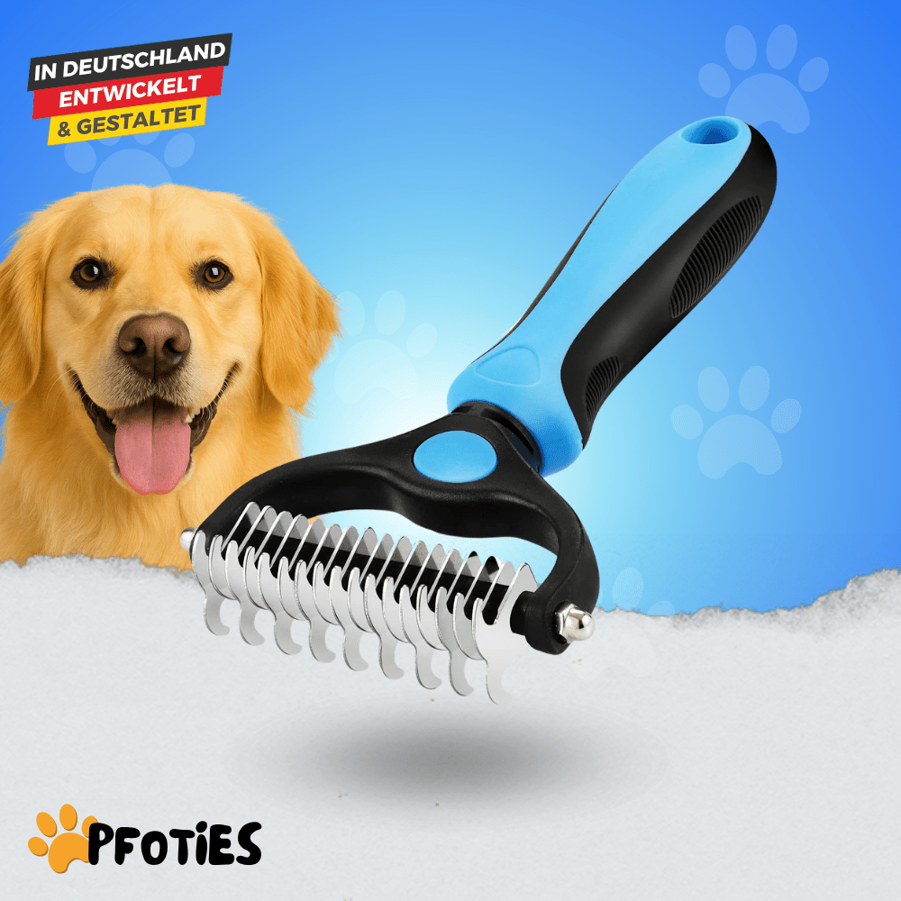 Fellzauber-Bürste von Pfoties – entfernt lose Unterwolle und Verfilzungen sanft und effektiv. Geeignet für Hunde und Katzen, sorgt für gepflegtes, gesundes Fell ohne Ziepen.