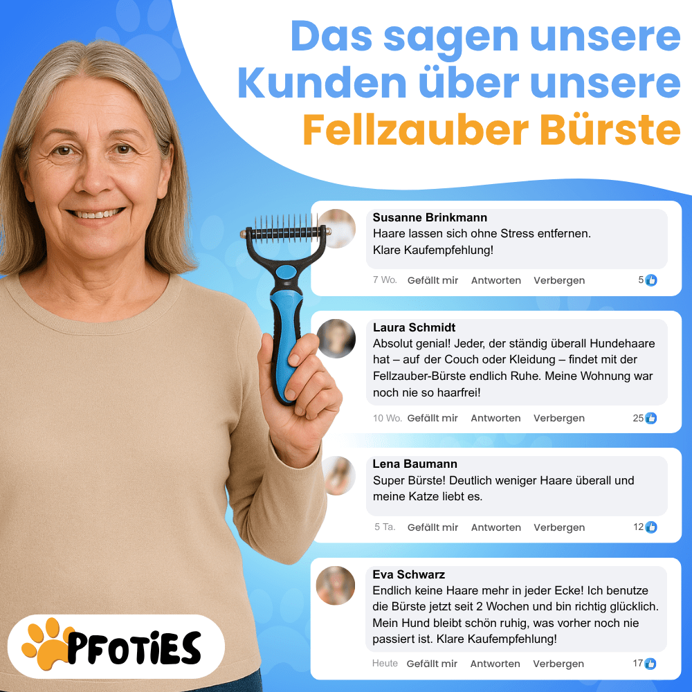 Fellzauber-Bürste von Pfoties – entfernt lose Unterwolle und Verfilzungen sanft und effektiv. Geeignet für Hunde und Katzen, sorgt für gepflegtes, gesundes Fell ohne Ziepen.