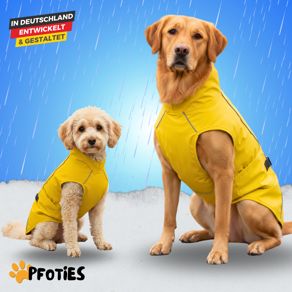 Der Pfoties® RegenHeld – wasserabweisender Hundemantel mit reflektierenden Streifen, elastischen Schlaufen und verstellbarem Kordelzug. Bietet Schutz bei Regen & Wind und sorgt für Komfort und Sicherheit auf jedem Spaziergang.