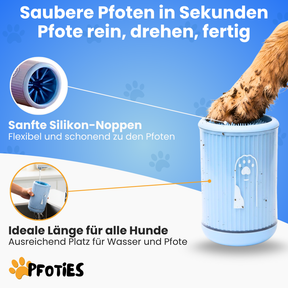 Der PfotenRein von Pfoties® reinigt die Pfoten nach einem Spaziergang blizschnell. Pfote rein, einmal drehen und fertig. Somit schleppt dein Hund keinen Dreck mit nach Hause und seine Pfoten sind geschützt vor Infektionen.