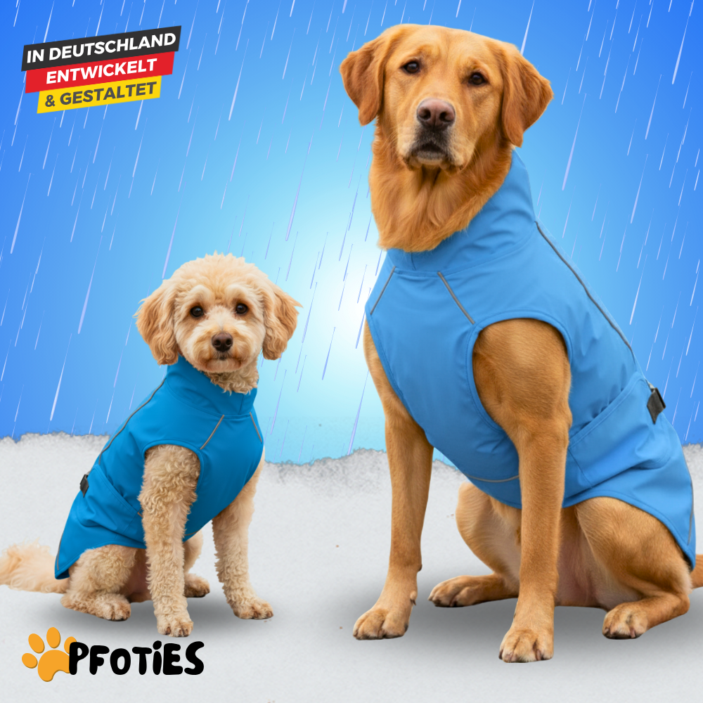 Der Pfoties® RegenHeld – wasserabweisender Hundemantel mit reflektierenden Streifen, elastischen Schlaufen und verstellbarem Kordelzug. Bietet Schutz bei Regen & Wind und sorgt für Komfort und Sicherheit auf jedem Spaziergang.