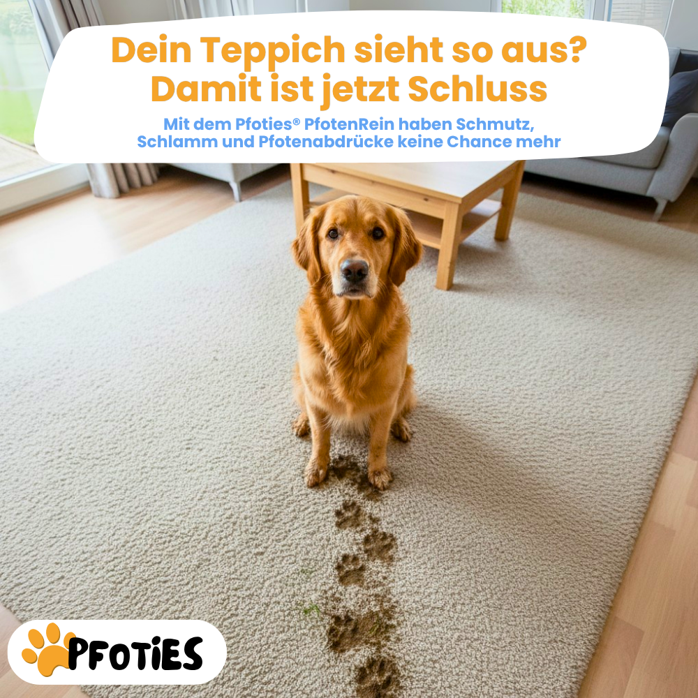 Der PfotenRein von Pfoties® reinigt die Pfoten nach einem Spaziergang blizschnell. Pfote rein, einmal drehen und fertig. Somit schleppt dein Hund keinen Dreck mit nach Hause und seine Pfoten sind geschützt vor Infektionen.