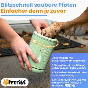 Der PfotenRein von Pfoties® reinigt die Pfoten nach einem Spaziergang blizschnell. Pfote rein, einmal drehen und fertig. Somit schleppt dein Hund keinen Dreck mit nach Hause und seine Pfoten sind geschützt vor Infektionen.