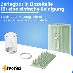 Der PfotenRein von Pfoties® reinigt die Pfoten nach einem Spaziergang blizschnell. Pfote rein, einmal drehen und fertig. Somit schleppt dein Hund keinen Dreck mit nach Hause und seine Pfoten sind geschützt vor Infektionen.