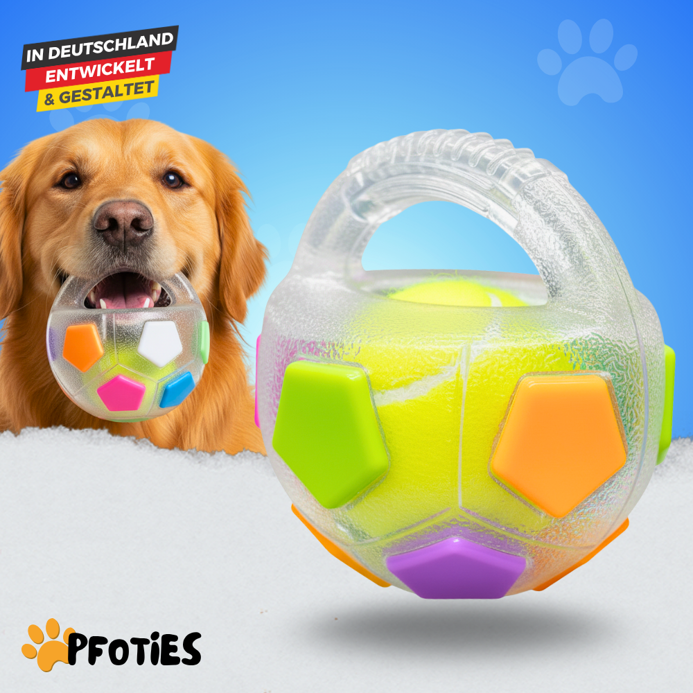 Der Pfoties® Anti-Stress-Ball ist ein robustes, beruhigendes Hundespielzeug mit stabilem Griff und sichtbarem Tennisball im Inneren. Perfekt zum Kauen, Tragen und Stressabbau – aus langlebigem TPR-Material für glückliche Hunde.