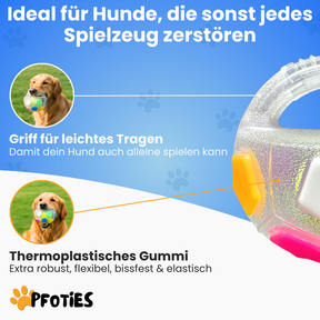 Der Pfoties® Anti-Stress-Ball ist ein robustes, beruhigendes Hundespielzeug mit stabilem Griff und sichtbarem Tennisball im Inneren. Perfekt zum Kauen, Tragen und Stressabbau – aus langlebigem TPR-Material für glückliche Hunde.