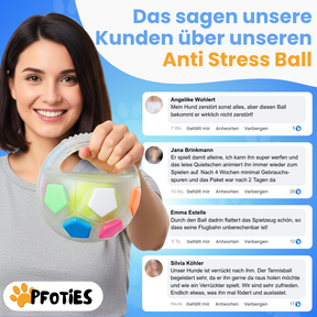 Der Pfoties® Anti-Stress-Ball ist ein robustes, beruhigendes Hundespielzeug mit stabilem Griff und sichtbarem Tennisball im Inneren. Perfekt zum Kauen, Tragen und Stressabbau – aus langlebigem TPR-Material für glückliche Hunde.