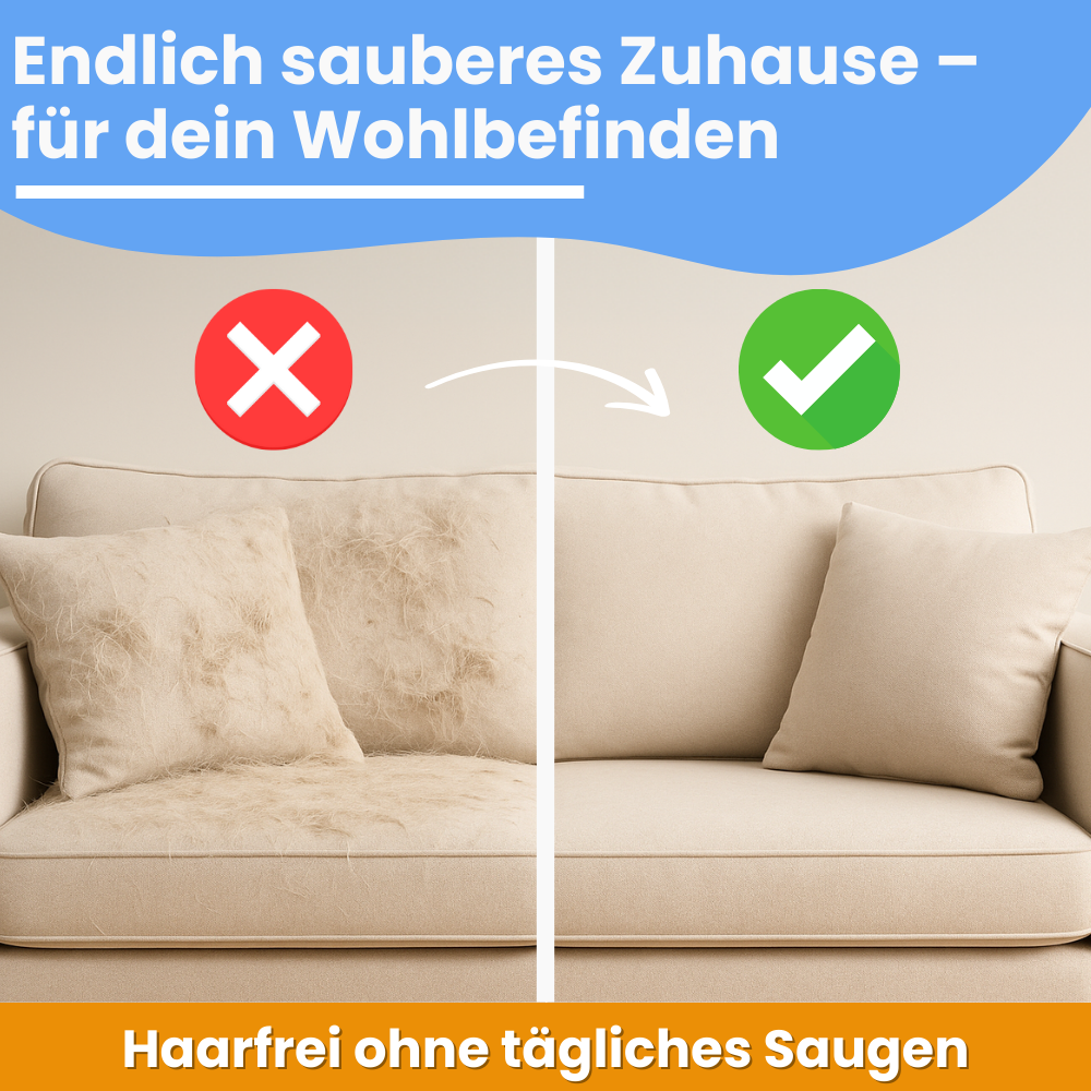 Vorher-nachher Vergleich einer Couch: links voller Tierhaare, rechts sauber und haarfrei – mehr Sauberkeit und Wohlbefinden im Alltag.