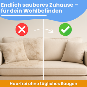 Vorher-nachher Vergleich einer Couch: links voller Tierhaare, rechts sauber und haarfrei – mehr Sauberkeit und Wohlbefinden im Alltag.