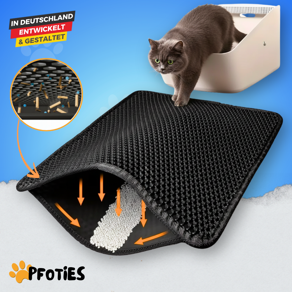 Die Anti-Streu-Matte von Pfoties® liegt vor dem Katzenklo und verhindert, dass Streu sich in der Wohnung verteilt. Mit Ihrem 2-Schicht-System fängt sie das Katzenstreu auf und bewahrt es so lange auf, bis du es wieder ins Katzenklo zur Widerverwendung kippst.