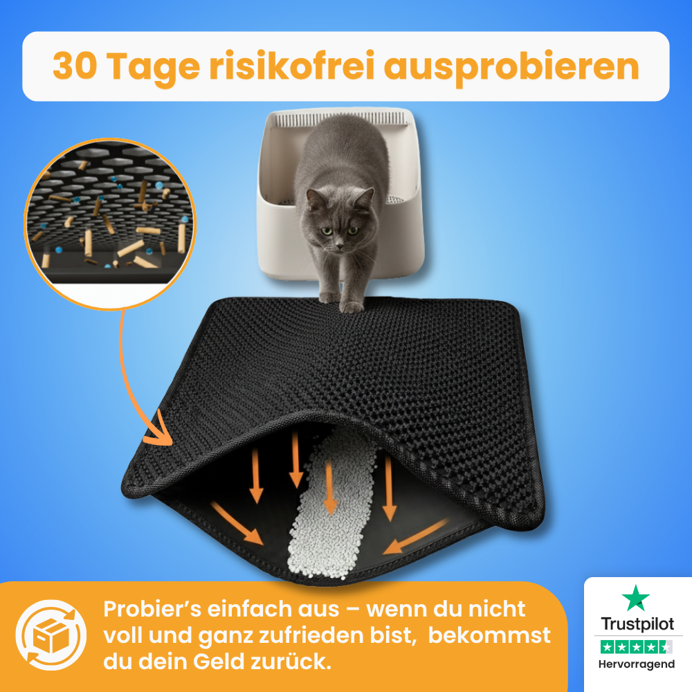 Die Anti-Streu-Matte von Pfoties® liegt vor dem Katzenklo und verhindert, dass Streu sich in der Wohnung verteilt. Mit Ihrem 2-Schicht-System fängt sie das Katzenstreu auf und bewahrt es so lange auf, bis du es wieder ins Katzenklo zur Widerverwendung kippst.
