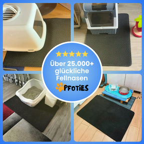 Die Anti-Streu-Matte von Pfoties® liegt vor dem Katzenklo und verhindert, dass Streu sich in der Wohnung verteilt. Mit Ihrem 2-Schicht-System fängt sie das Katzenstreu auf und bewahrt es so lange auf, bis du es wieder ins Katzenklo zur Widerverwendung kippst.