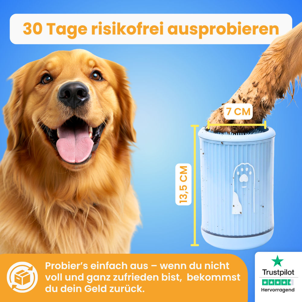 Der PfotenRein von Pfoties® reinigt die Pfoten nach einem Spaziergang blizschnell. Pfote rein, einmal drehen und fertig. Somit schleppt dein Hund keinen Dreck mit nach Hause und seine Pfoten sind geschützt vor Infektionen.