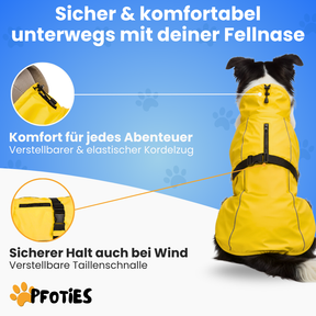 Der Pfoties® RegenHeld – wasserabweisender Hundemantel mit reflektierenden Streifen, elastischen Schlaufen und verstellbarem Kordelzug. Bietet Schutz bei Regen & Wind und sorgt für Komfort und Sicherheit auf jedem Spaziergang.