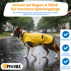Der Pfoties® RegenHeld – wasserabweisender Hundemantel mit reflektierenden Streifen, elastischen Schlaufen und verstellbarem Kordelzug. Bietet Schutz bei Regen & Wind und sorgt für Komfort und Sicherheit auf jedem Spaziergang.