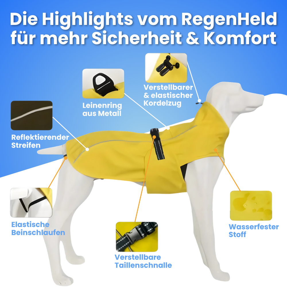 Der Pfoties® RegenHeld – wasserabweisender Hundemantel mit reflektierenden Streifen, elastischen Schlaufen und verstellbarem Kordelzug. Bietet Schutz bei Regen & Wind und sorgt für Komfort und Sicherheit auf jedem Spaziergang.