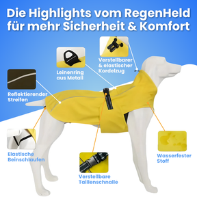 Der Pfoties® RegenHeld – wasserabweisender Hundemantel mit reflektierenden Streifen, elastischen Schlaufen und verstellbarem Kordelzug. Bietet Schutz bei Regen & Wind und sorgt für Komfort und Sicherheit auf jedem Spaziergang.