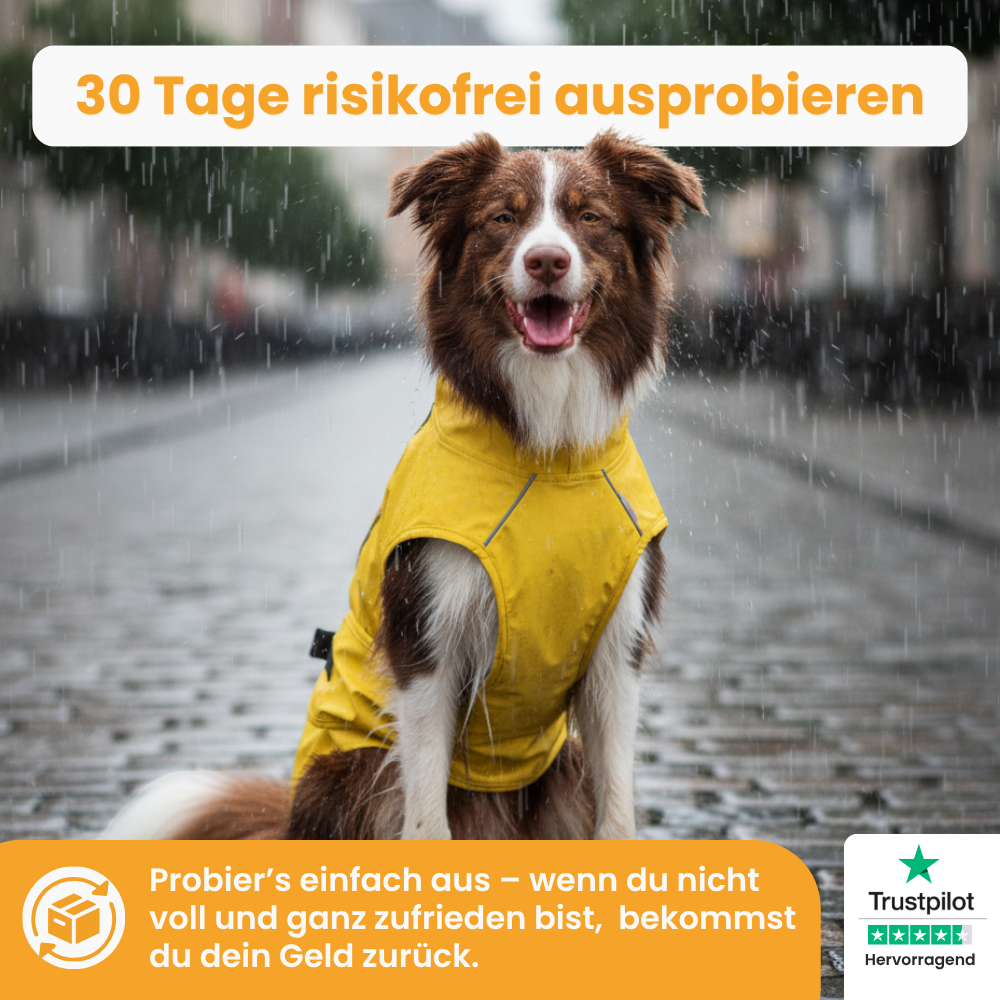 Der Pfoties® RegenHeld – wasserabweisender Hundemantel mit reflektierenden Streifen, elastischen Schlaufen und verstellbarem Kordelzug. Bietet Schutz bei Regen & Wind und sorgt für Komfort und Sicherheit auf jedem Spaziergang.