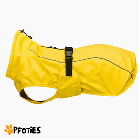 Der Pfoties® RegenHeld – wasserabweisender Hundemantel mit reflektierenden Streifen, elastischen Schlaufen und verstellbarem Kordelzug. Bietet Schutz bei Regen & Wind und sorgt für Komfort und Sicherheit auf jedem Spaziergang.
