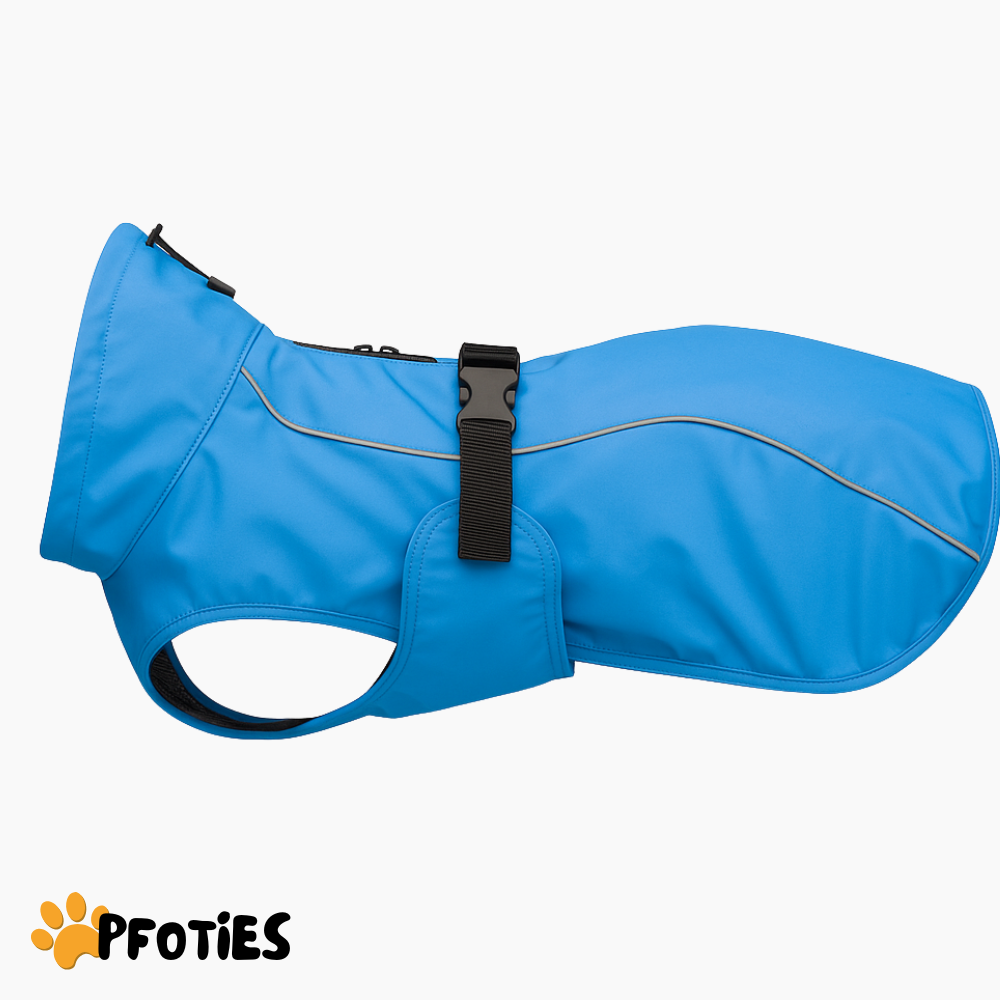 Der Pfoties® RegenHeld – wasserabweisender Hundemantel mit reflektierenden Streifen, elastischen Schlaufen und verstellbarem Kordelzug. Bietet Schutz bei Regen & Wind und sorgt für Komfort und Sicherheit auf jedem Spaziergang.