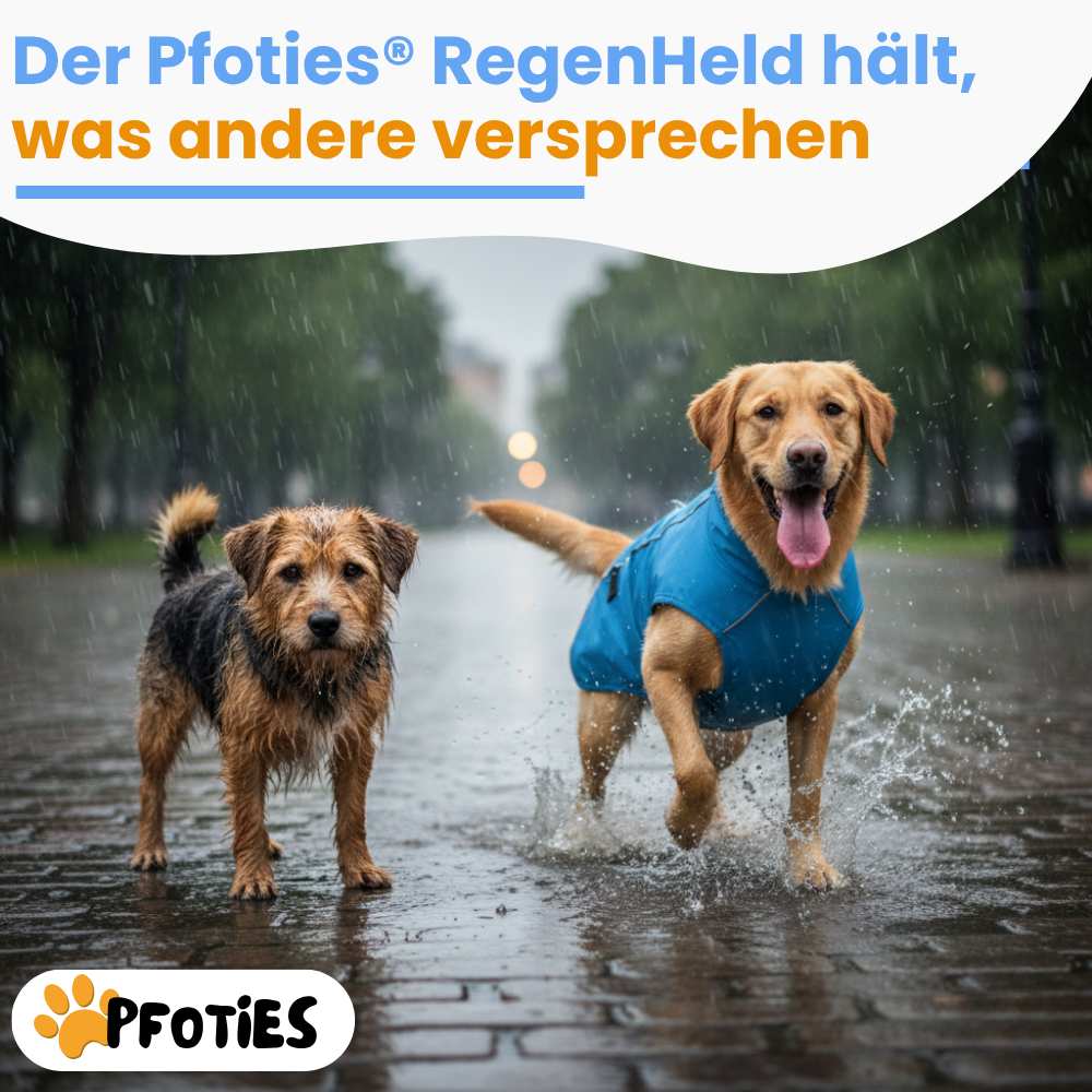 Der Pfoties® RegenHeld – wasserabweisender Hundemantel mit reflektierenden Streifen, elastischen Schlaufen und verstellbarem Kordelzug. Bietet Schutz bei Regen & Wind und sorgt für Komfort und Sicherheit auf jedem Spaziergang.