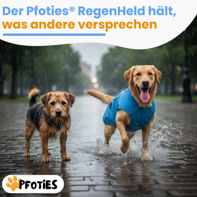 Der Pfoties® RegenHeld – wasserabweisender Hundemantel mit reflektierenden Streifen, elastischen Schlaufen und verstellbarem Kordelzug. Bietet Schutz bei Regen & Wind und sorgt für Komfort und Sicherheit auf jedem Spaziergang.