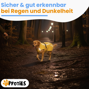 Der Pfoties® RegenHeld – wasserabweisender Hundemantel mit reflektierenden Streifen, elastischen Schlaufen und verstellbarem Kordelzug. Bietet Schutz bei Regen & Wind und sorgt für Komfort und Sicherheit auf jedem Spaziergang.