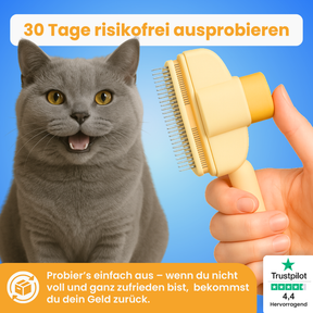 Fellklick-Bürste von Pfoties – entfernt lose Unterwolle und Verfilzungen sanft und effektiv. Geeignet für Katzen, sorgt für gepflegtes, gesundes Fell ohne Ziepen.