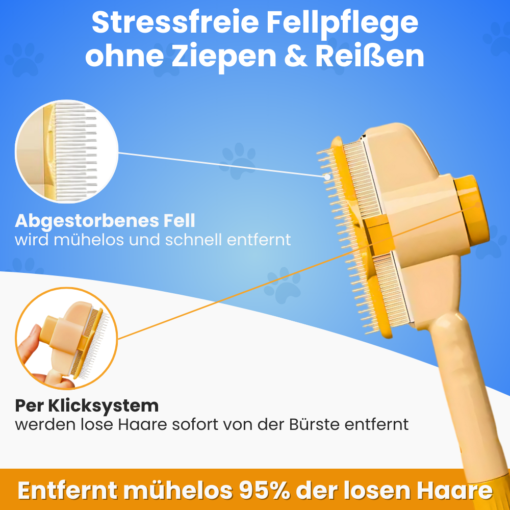 Fellklick-Bürste von Pfoties – entfernt lose Unterwolle und Verfilzungen sanft und effektiv. Geeignet für Katzen, sorgt für gepflegtes, gesundes Fell ohne Ziepen.