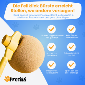 Fellklick-Bürste von Pfoties – entfernt lose Unterwolle und Verfilzungen sanft und effektiv. Geeignet für Katzen, sorgt für gepflegtes, gesundes Fell ohne Ziepen.