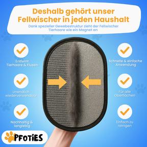 Pfoties Fellwischer entfernt zuverlässig Tierhaare von Kleidung, Sofa, Teppichen und Autositzen – wiederverwendbar, waschbar und nachhaltig.