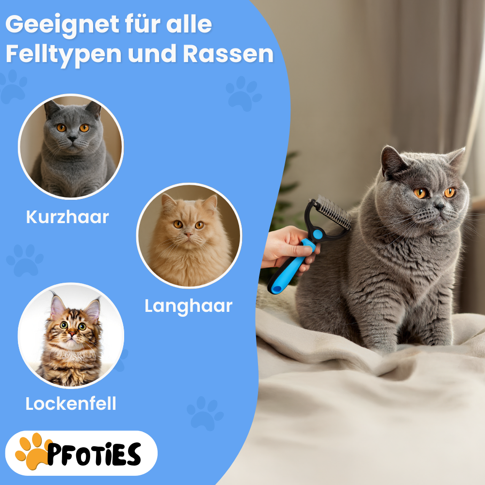 Fellzauber-Bürste von Pfoties – entfernt lose Unterwolle und Verfilzungen sanft und effektiv. Geeignet für Hunde und Katzen, sorgt für gepflegtes, gesundes Fell ohne Ziepen.
