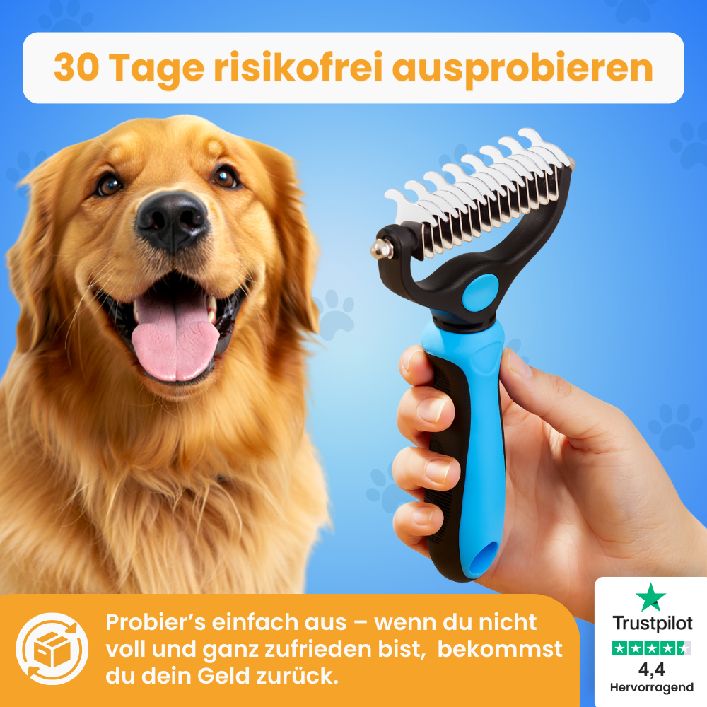 Fellzauber-Bürste von Pfoties – entfernt lose Unterwolle und Verfilzungen sanft und effektiv. Geeignet für Hunde und Katzen, sorgt für gepflegtes, gesundes Fell ohne Ziepen.