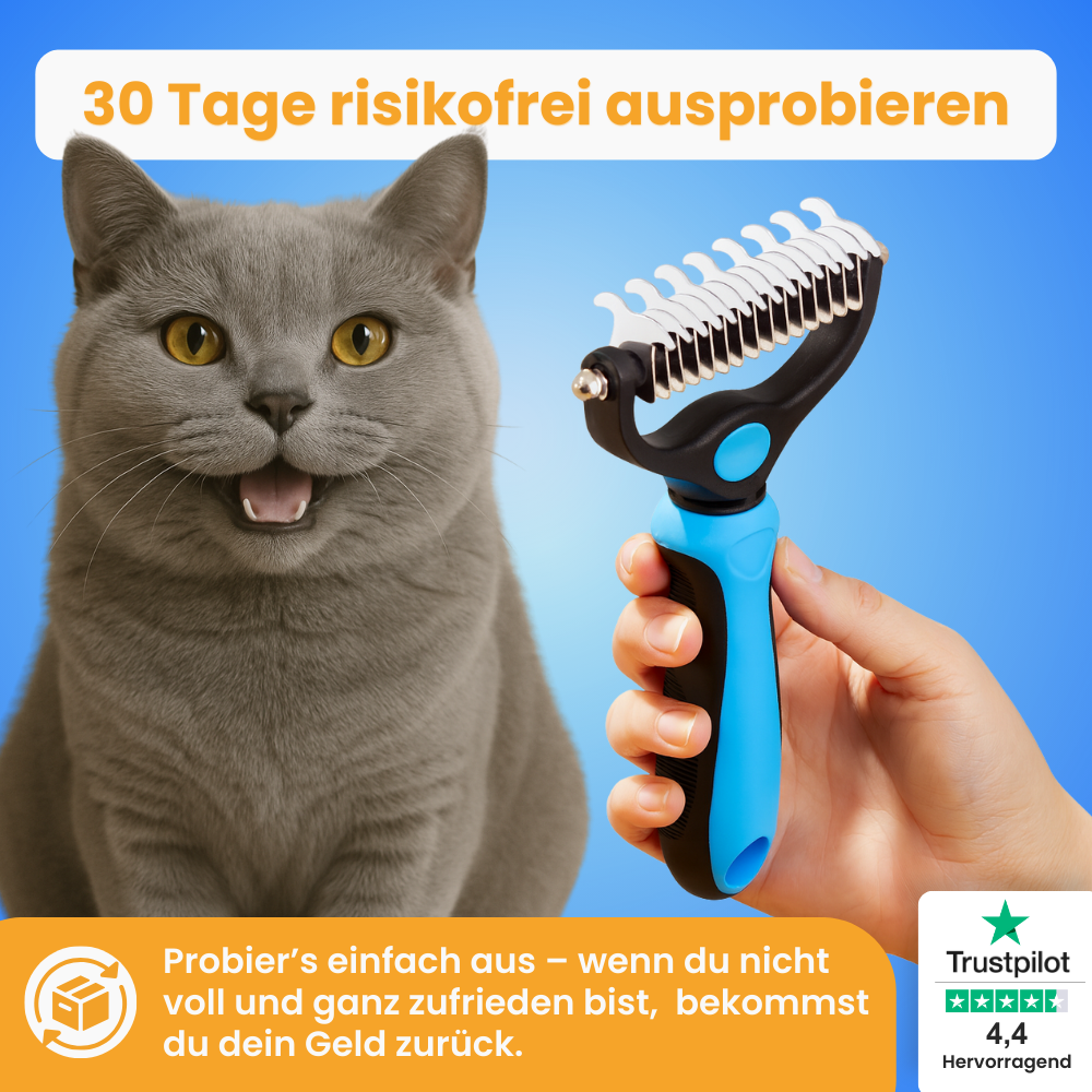 Fellzauber-Bürste von Pfoties – entfernt lose Unterwolle und Verfilzungen sanft und effektiv. Geeignet für Hunde und Katzen, sorgt für gepflegtes, gesundes Fell ohne Ziepen.