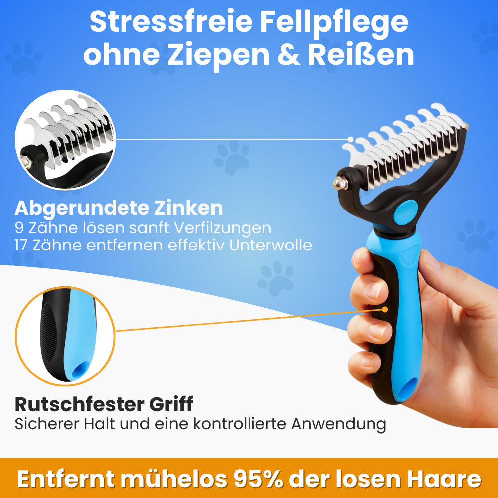 Fellzauber-Bürste von Pfoties – entfernt lose Unterwolle und Verfilzungen sanft und effektiv. Geeignet für Hunde und Katzen, sorgt für gepflegtes, gesundes Fell ohne Ziepen.