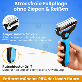 Fellzauber-Bürste von Pfoties – entfernt lose Unterwolle und Verfilzungen sanft und effektiv. Geeignet für Hunde und Katzen, sorgt für gepflegtes, gesundes Fell ohne Ziepen.