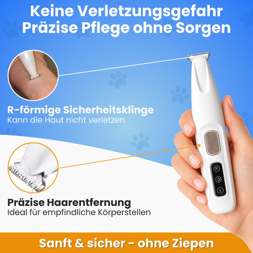 4in1 PfotenTrimmer von Pfoties – sicherer Trimmer mit runder Sicherheitsklinge für präzise Pflege. Ideal für empfindliche Körperstellen bei Hunden und Katzen, sanft & ohne Ziepen.