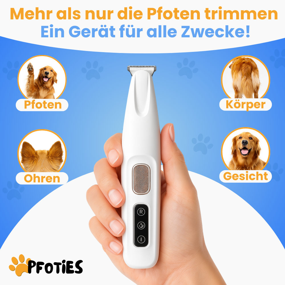 4in1 PfotenTrimmer von Pfoties – sicherer Trimmer mit runder Sicherheitsklinge für präzise Pflege. Ideal für empfindliche Körperstellen bei Hunden und Katzen, sanft & ohne Ziepen.